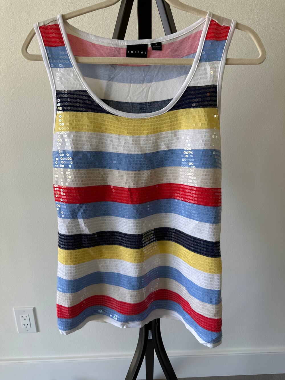 Womens Tops Tank Striped Sequin Front Sleeveless Size Medium